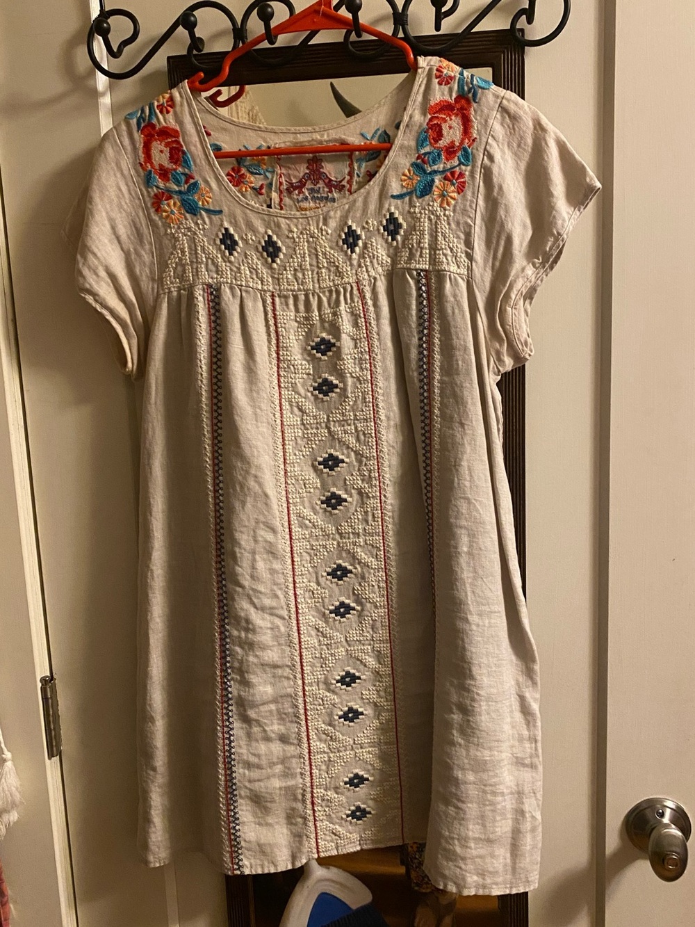 Johnny Was Embroidered Cream Mini Dress with Floral Yoke